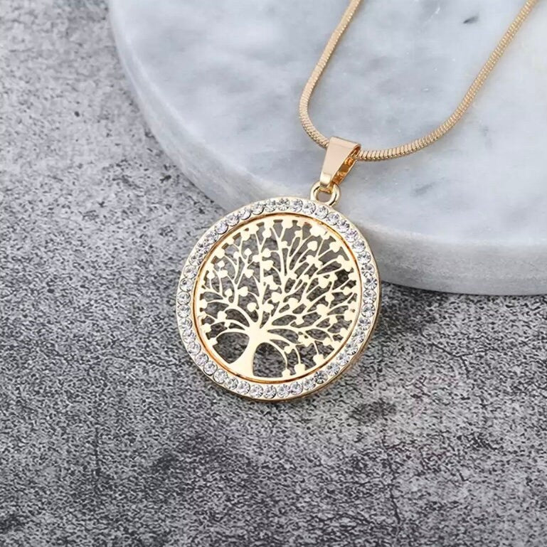 Tree of Life Crystal Round Pendant Necklace