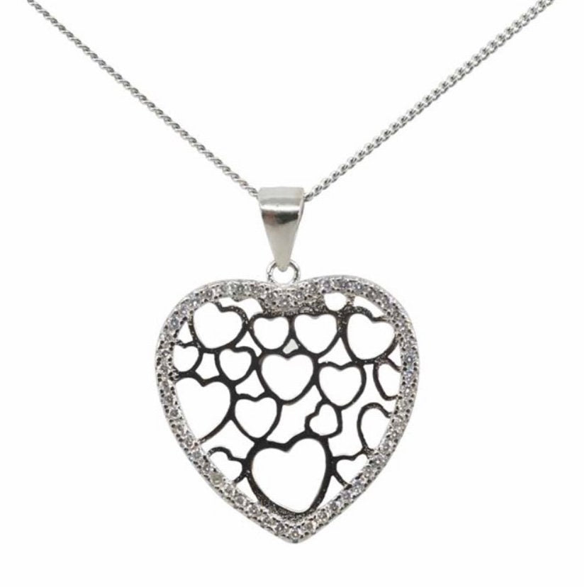 Sterling Silver Clear Cubic Zirconia Love Heart Pendant Necklace