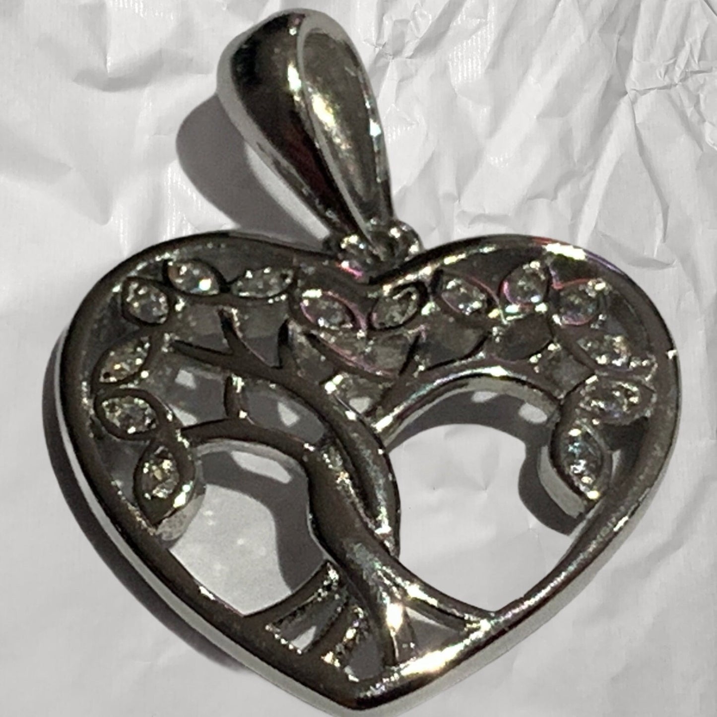 Sterling Silver Clear Cubic Zirconia Tree of Life Heart Pendant Necklace