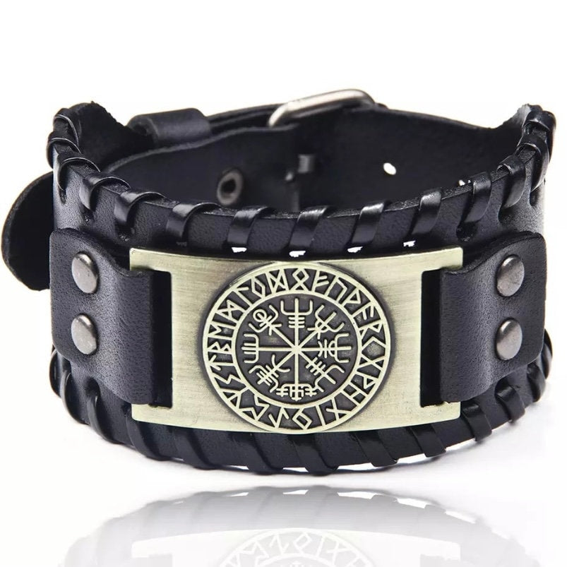 Black or Brown Leather Viking Wrap Bracelet Cuff with Compass Charm