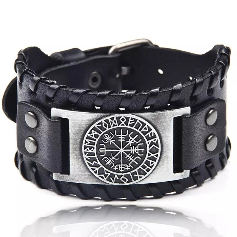 Black or Brown Leather Viking Wrap Bracelet Cuff with Compass Charm