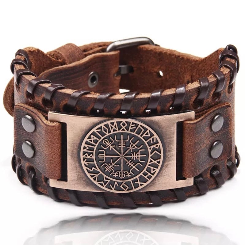 Black or Brown Leather Viking Wrap Bracelet Cuff with Compass Charm