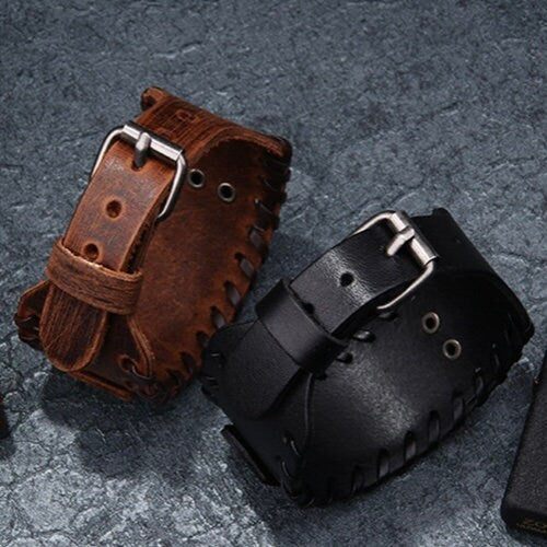 Black or Brown Leather Viking Wrap Bracelet Cuff with Compass Charm