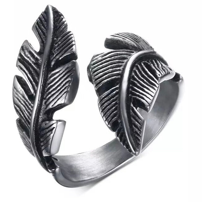 Vintage Biker Style Hand Polished Stainless Steel Feather Ring