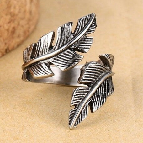 Vintage Biker Style Hand Polished Stainless Steel Feather Ring