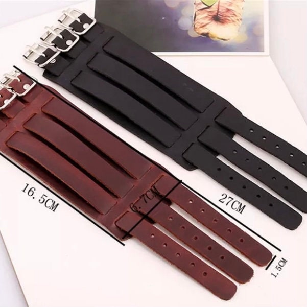 Fashion Punk Vintage Triple Rivet Wide Leather Bracelet in Black or Brown Leather