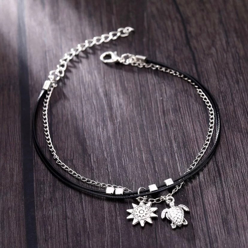 Multilayered Turtle & Sun Charm Anklet bracelet on Silver and Black Rope