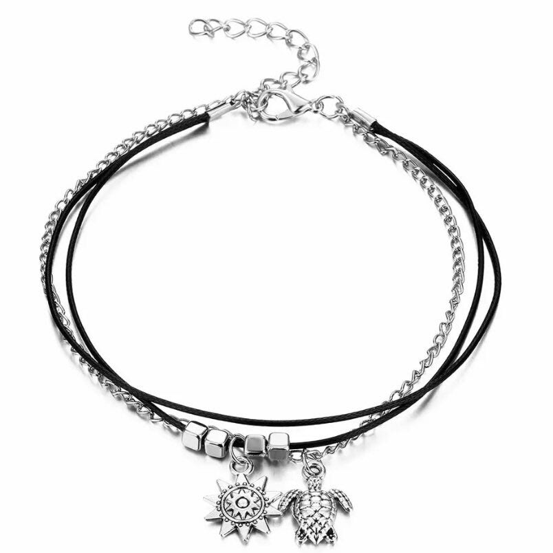 Multilayered Turtle & Sun Charm Anklet bracelet on Silver and Black Rope