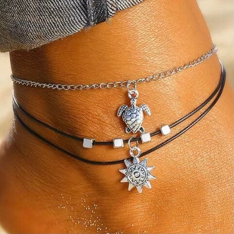 Multilayered Turtle & Sun Charm Anklet bracelet on Silver and Black Rope