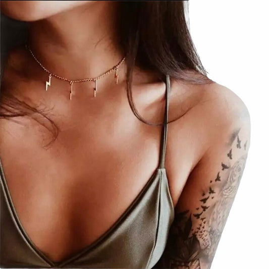 Gold Colour Choker Necklace with Lightening Bolt Charms