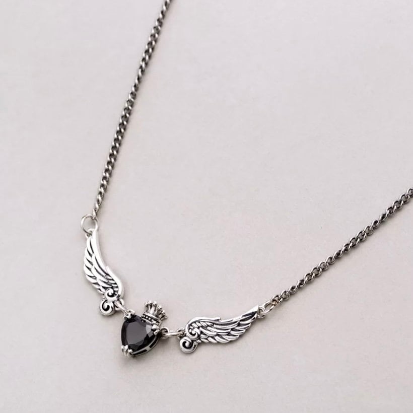 Angel Wings Heart Black Zircon Pendant Necklace