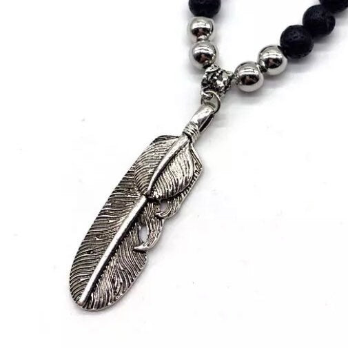 Black Beads Stainless Steel Feather or Arrow Pendant Necklace