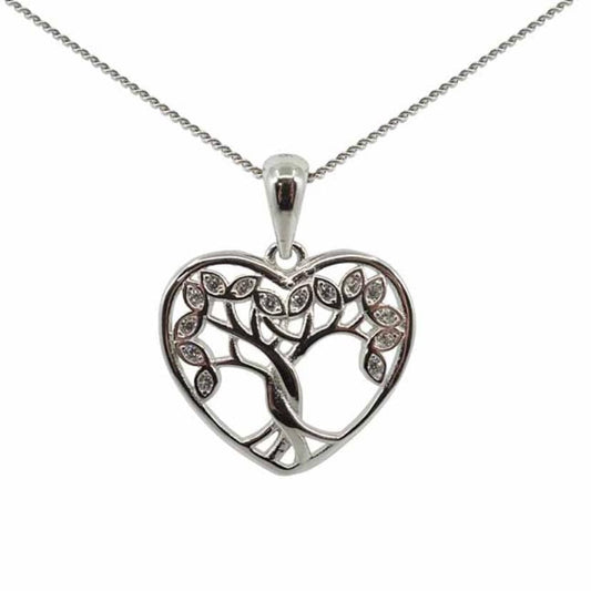 Sterling Silver Clear Cubic Zirconia Tree of Life Heart Pendant Necklace