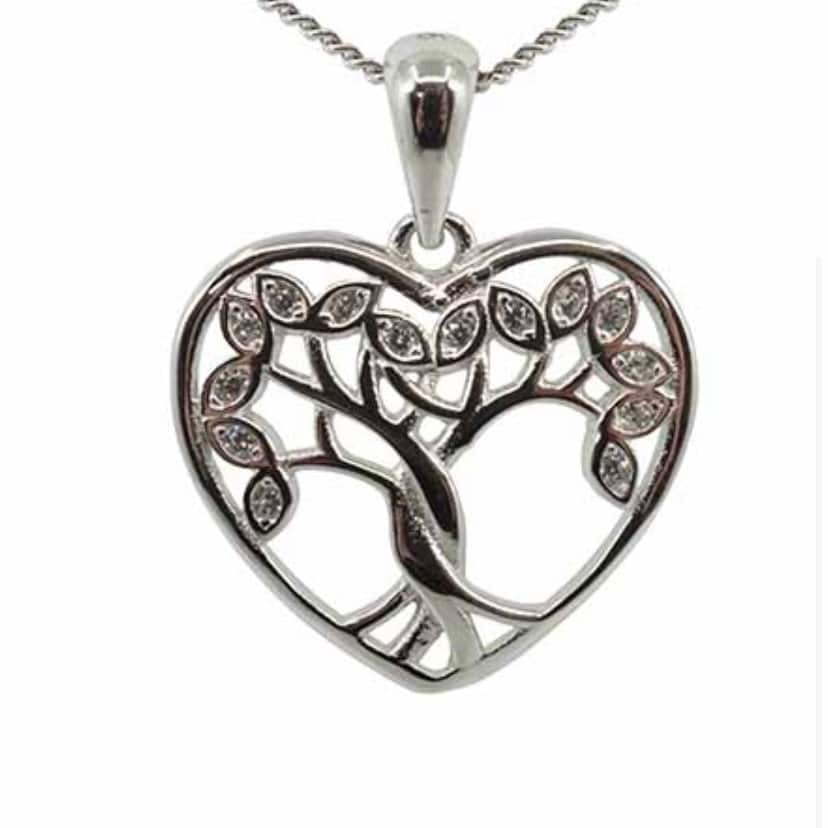 Sterling Silver Clear Cubic Zirconia Tree of Life Heart Pendant Necklace