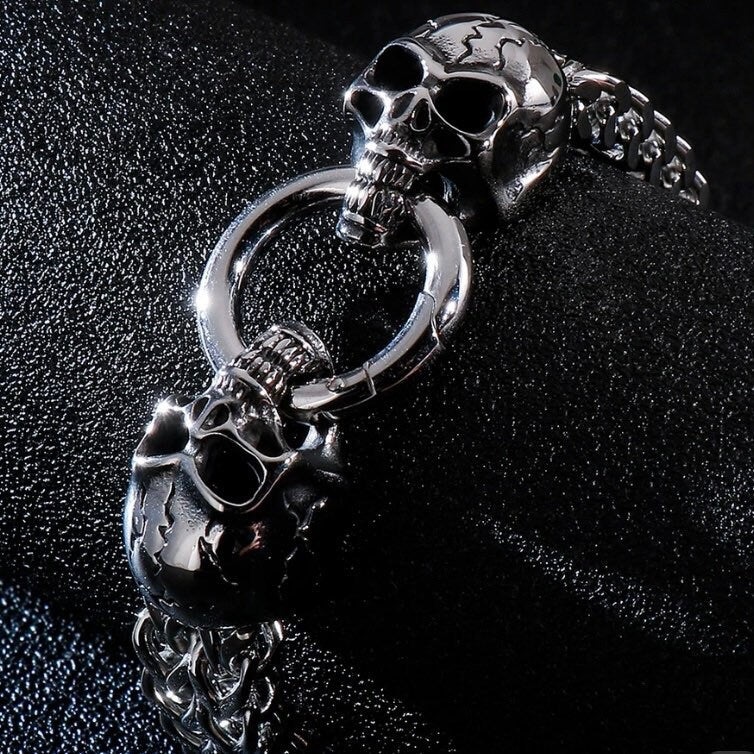 Stunning Stainless Steel Gothic Double Skull Skeleton Charm Link Bracelet Available in Silver Gold or Black