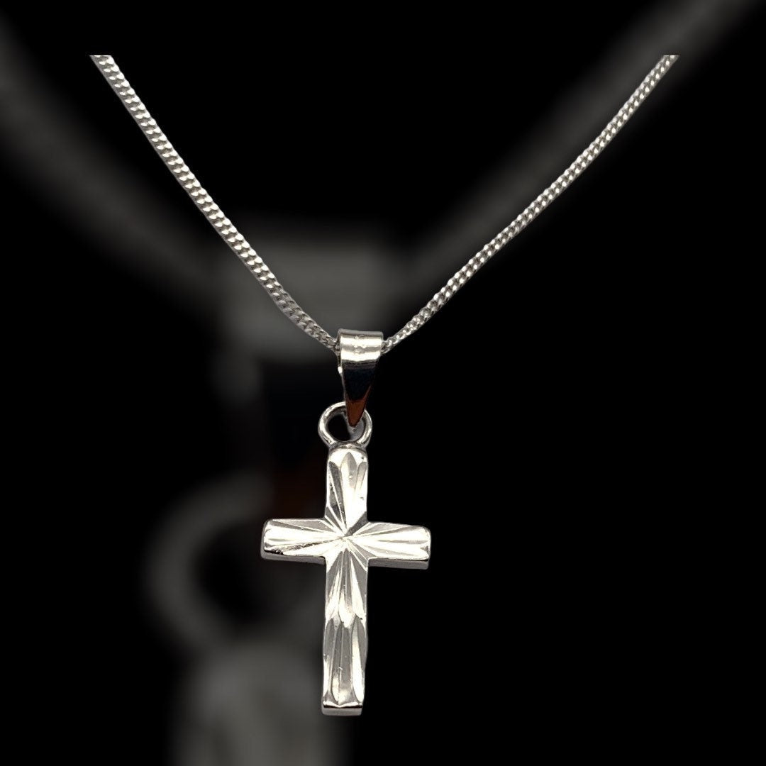 Sterling Silver Diamond Cut Cross Pendant Necklace