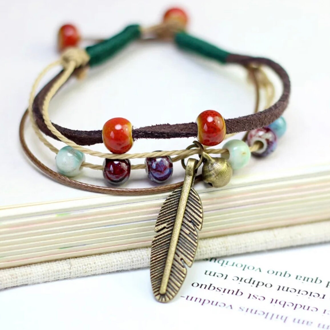 Boho Vintage National Style Artificially Woven Natural Stone Ceramic Beads Feather Charm Bracelet