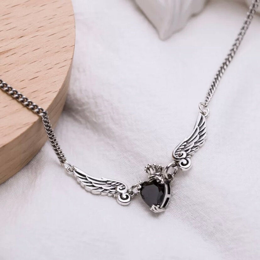 Angel Wings Heart Black Zircon Pendant Necklace