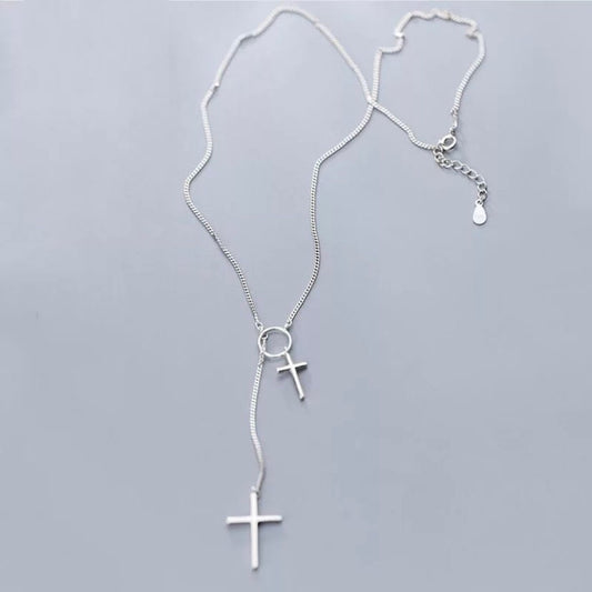 Double Cross Circular Silver Pendant Chain Necklace