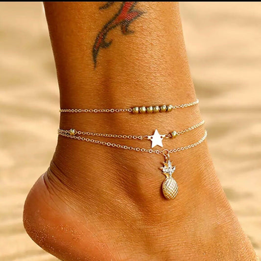 Layered Anklet Chain with Pineapple Star Beads in Gold or Silver Colour