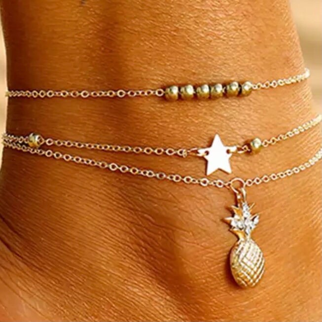 Layered Anklet Chain with Pineapple Star Beads in Gold or Silver Colour