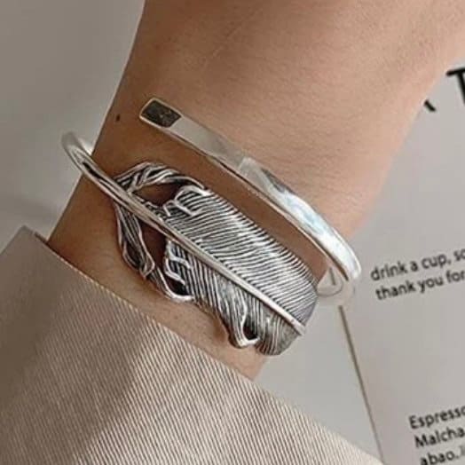 Big Feather Open Bracelet Bangle Retro Distressed Thai Silver Adjustable Bracelet