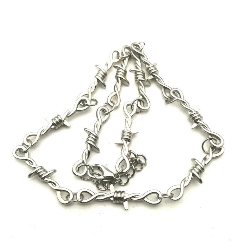 Small Barbed Silver Wire Design Collar Necklace