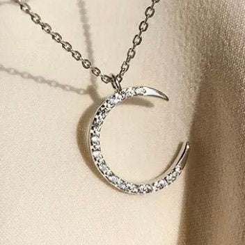 Silver Moon Charm Cubic Zirconia Pendant Choker Twin Layered Pendant Necklace