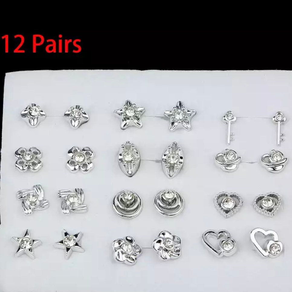 12 x Pairs of Silver Key Heart Flower Plastic Stud Earrings