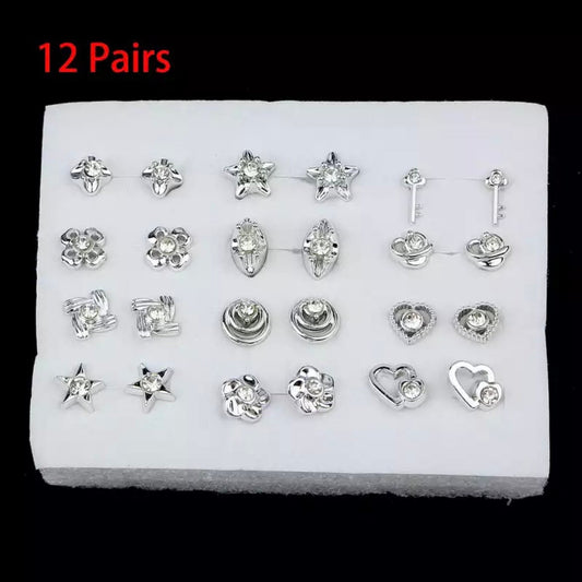 12 x Pairs of Silver Key Heart Flower Plastic Stud Earrings
