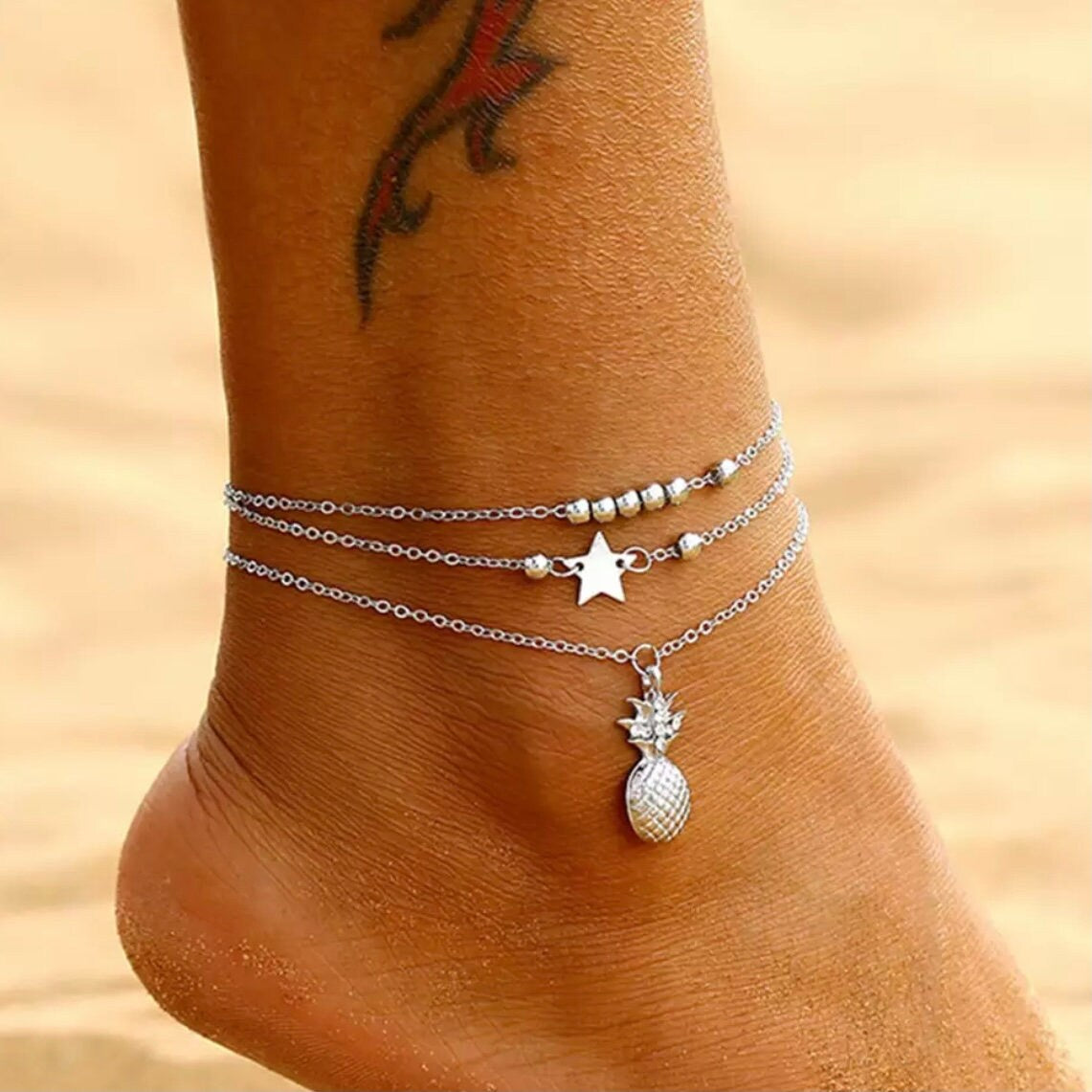 Layered Anklet Chain with Pineapple Star Beads in Gold or Silver Colour