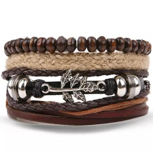 Bohemian Beaded Weave Leather Bracelet with Leaf Charm