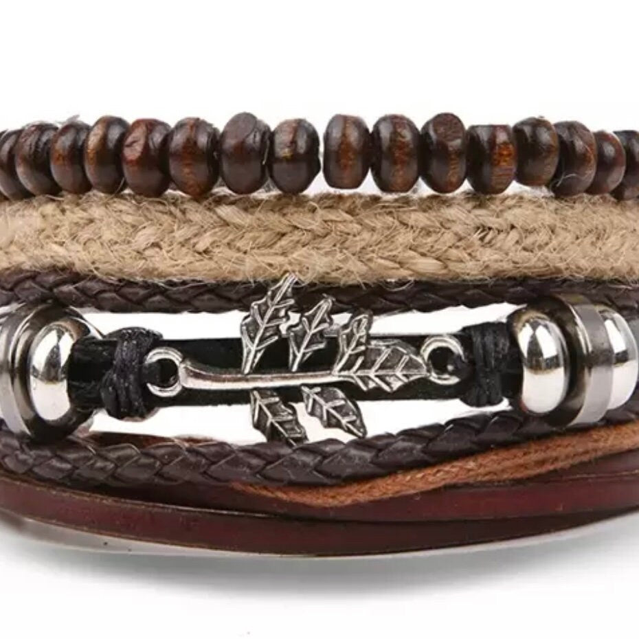 Bohemian Beaded Weave Leather Bracelet with Leaf Charm