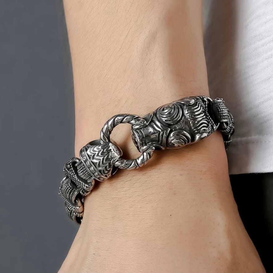 Retro Animal Solid Stainless Steel Silver Charm Link Bracelet