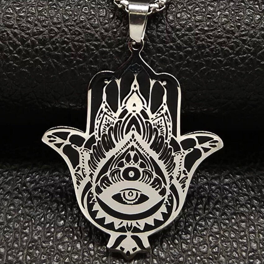 Eye Hamsa Hand Stainless Steel Beautiful Black & Silver Pendant Necklace