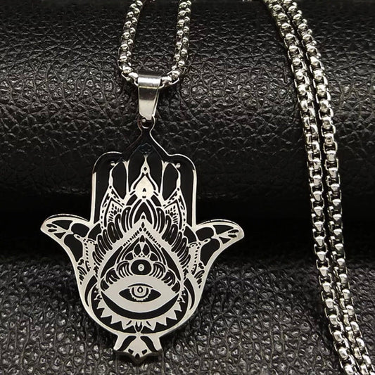 Eye Hamsa Hand Stainless Steel Beautiful Black & Silver Pendant Necklace