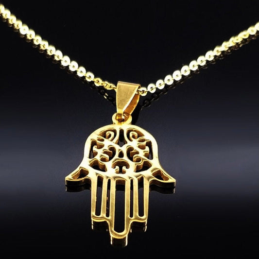 Stainless Steel Hamsa Hand Pendant Necklace in Gold or Silver Colour