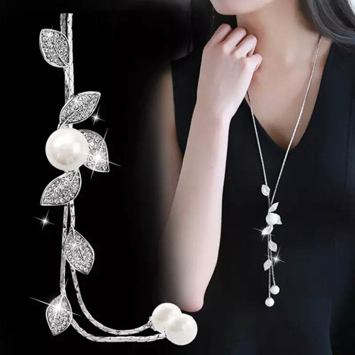 Silver Colour Long Chain Necklace with Simulated Pearls and Leaf Charms