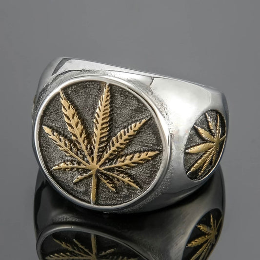 Hiphop Silver Stainless Steel Vintage Gold Leaf Ring