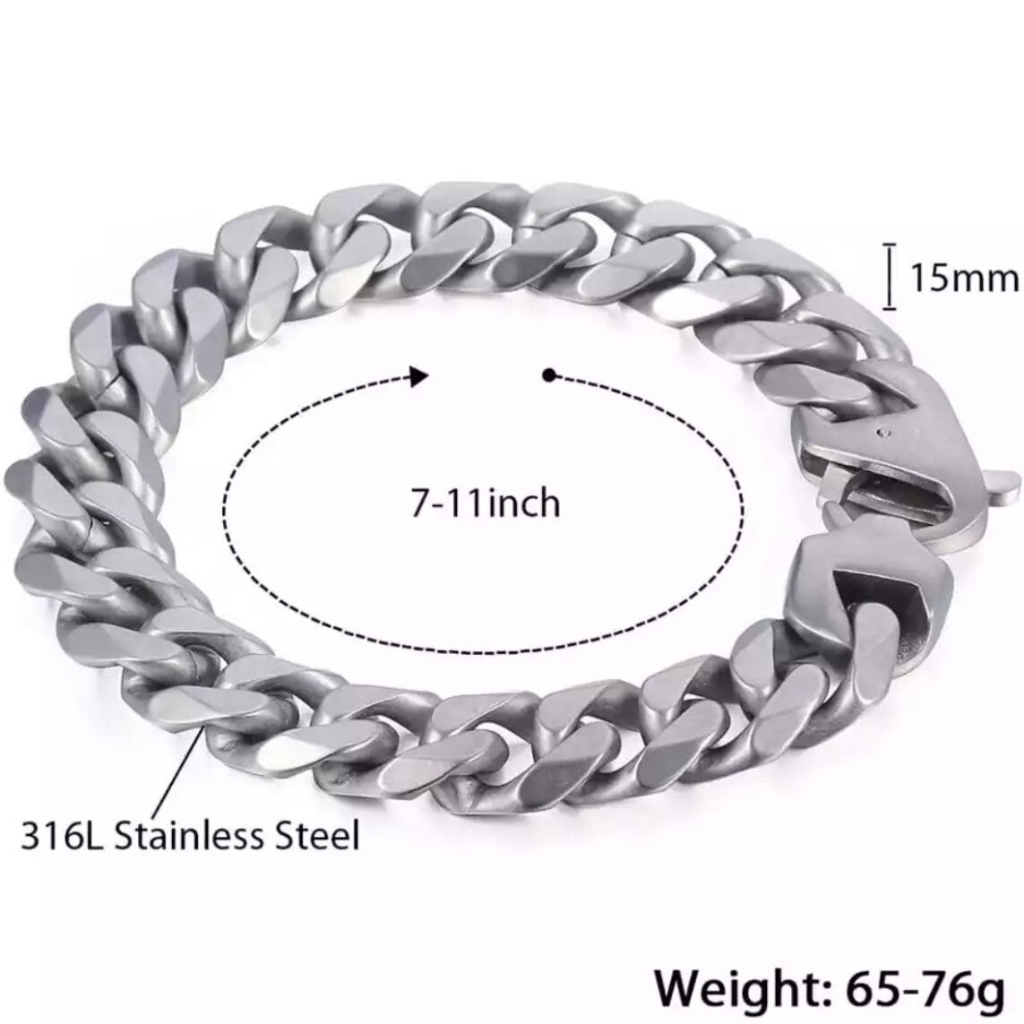 15mm Silver Matte Stainless Steel Curb Cuban Link Chain Bracelet