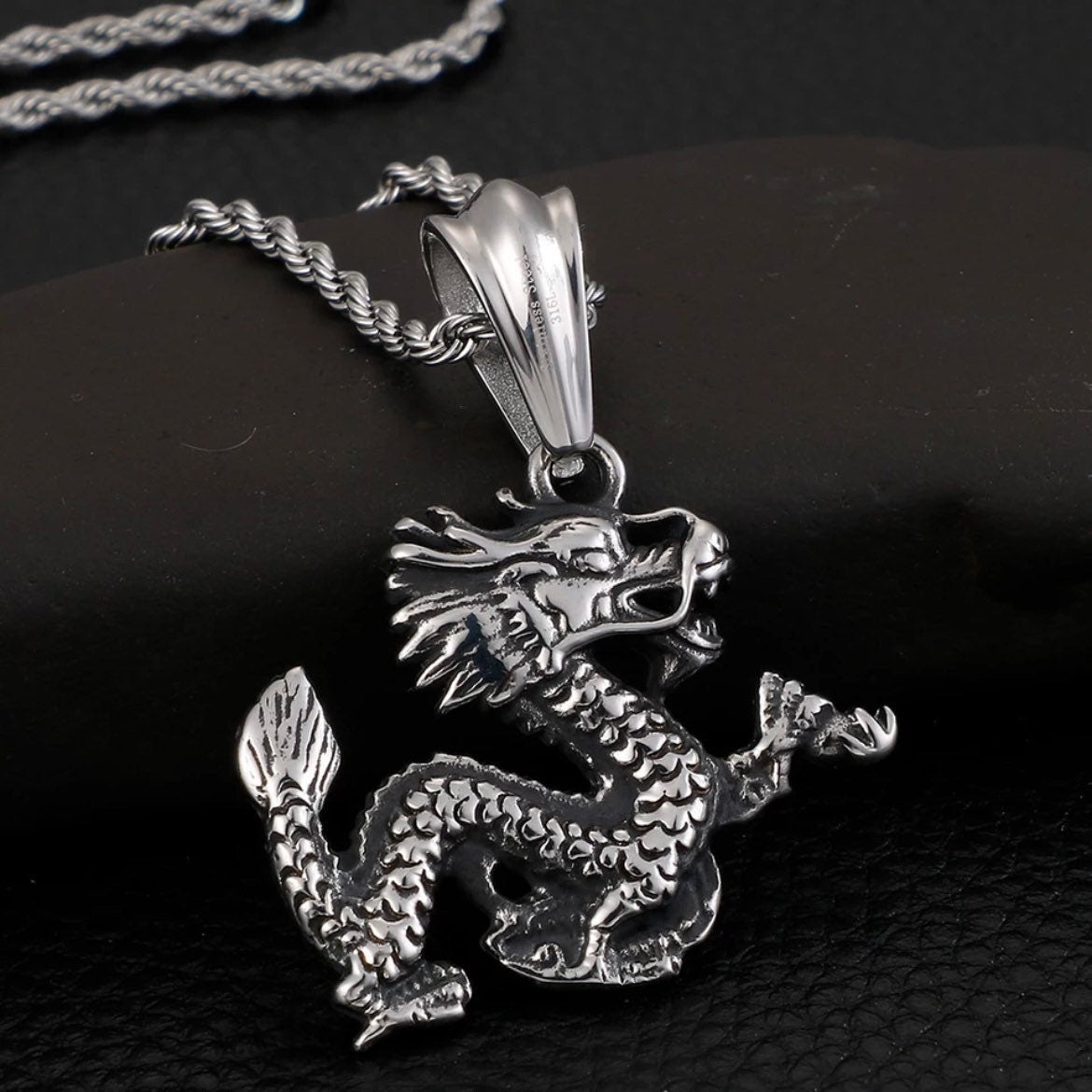 Punk Rock Gothic Stainless Steel Vintage Dragon Pendant Necklace