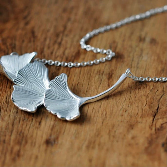 Ginkgo Biloba Leaf Bohemian Vintage Silver Colour Pendant Necklace