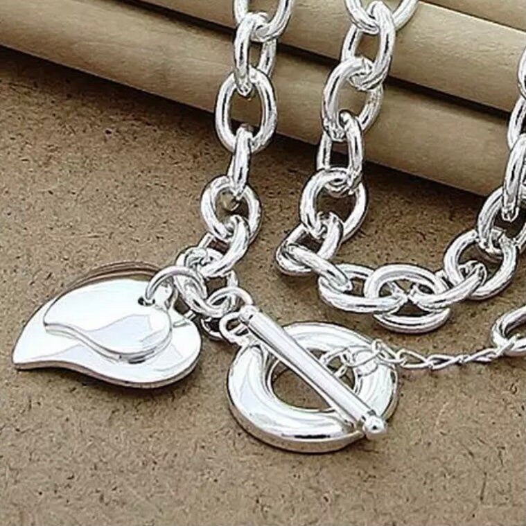 Silver Two Heart Pendant Chunky Link Chain Necklace