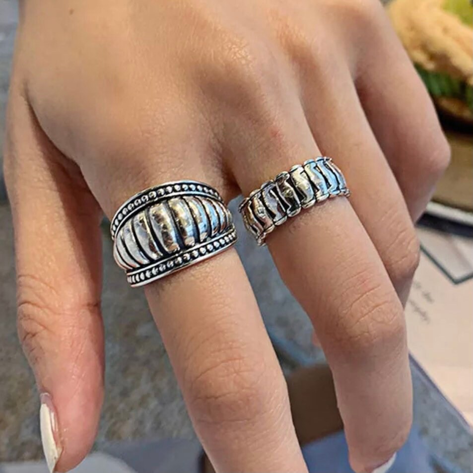 Punk Stripe Vintage Open Ring Set