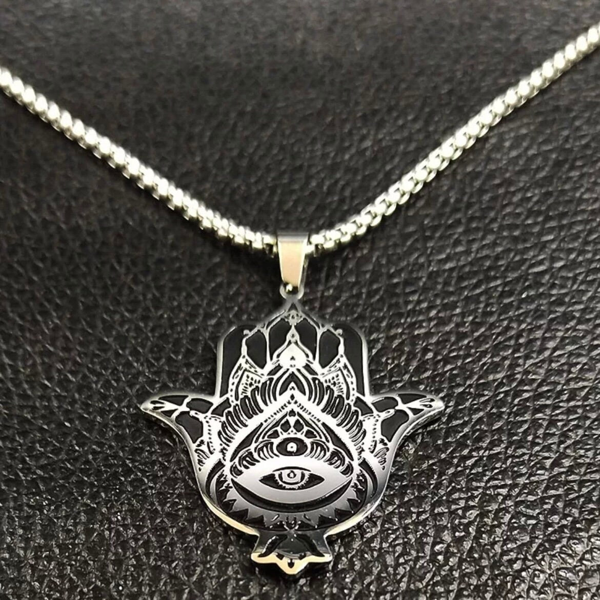 Eye Hamsa Hand Stainless Steel Beautiful Black & Silver Pendant Necklace