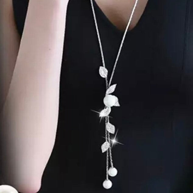 Silver Colour Long Chain Necklace with Simulated Pearls and Leaf Charms