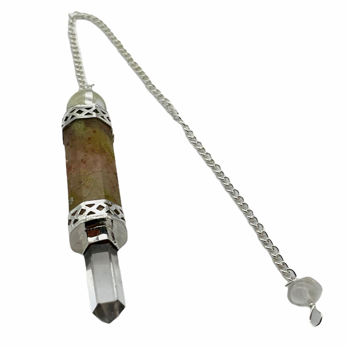 Natural Stone Indian Wand Pendulum with Silver Colour Chain Crystal Pendant for Dowsing Spiritual Reiki