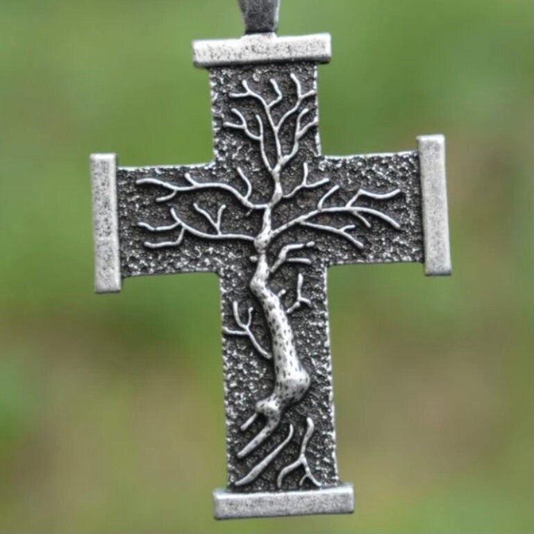 Tree of Life Double Sided Cross Statement Pendant on a 55cm Stainless Steel Chain Necklace