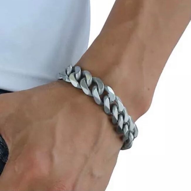 15mm Silver Matte Stainless Steel Curb Cuban Link Chain Bracelet