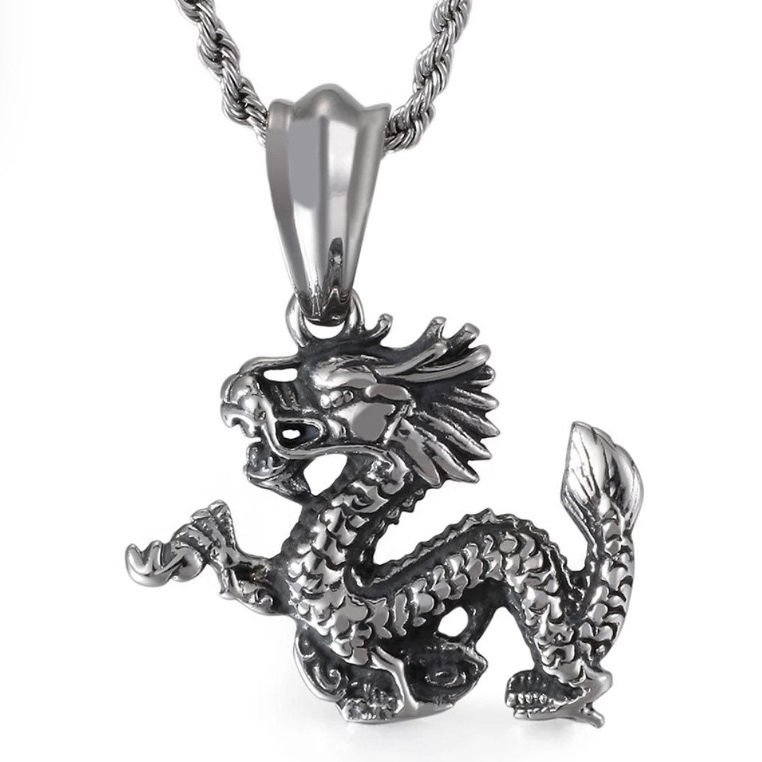 Punk Rock Gothic Stainless Steel Vintage Dragon Pendant Necklace